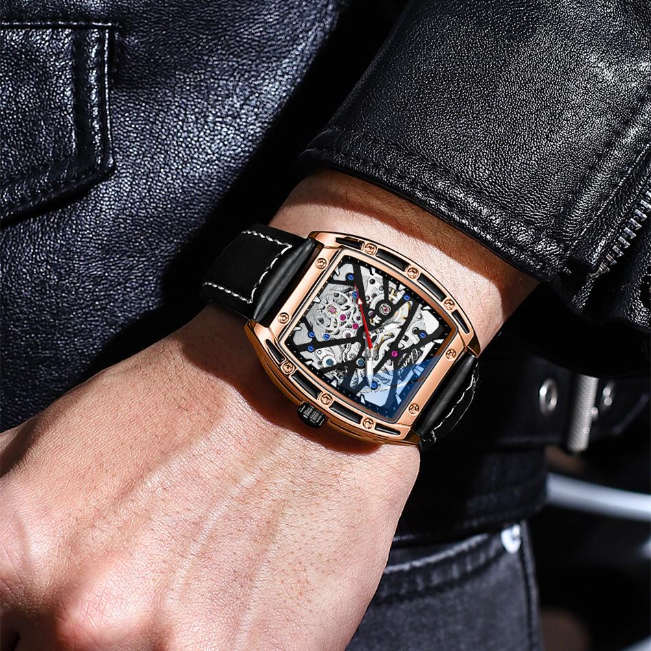New TOP Brand Luxury Men's Watch With Box Men's Wine Barrel-shaped Hollow Automatic Leather Waterproof Men's Mechanical Watches