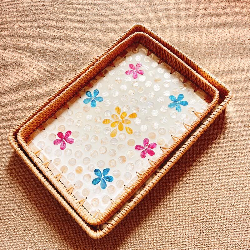 Rattan Woven Shell Serving Tray Set