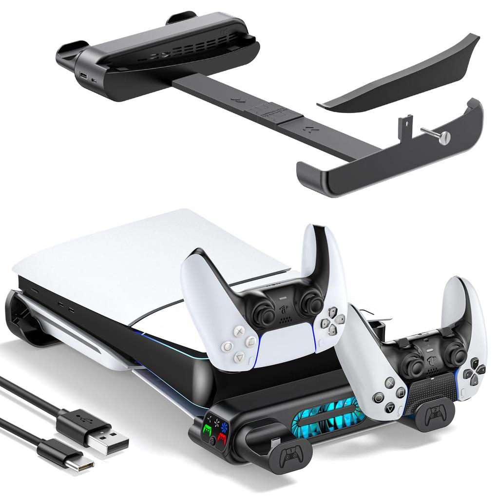 With PS5 Pro and New PS5 PS5 Horizontal Stand with Fan Speed PS5 Slim Controller Charging Improved Heat Earthquake Scratch Compatible with Both PS5