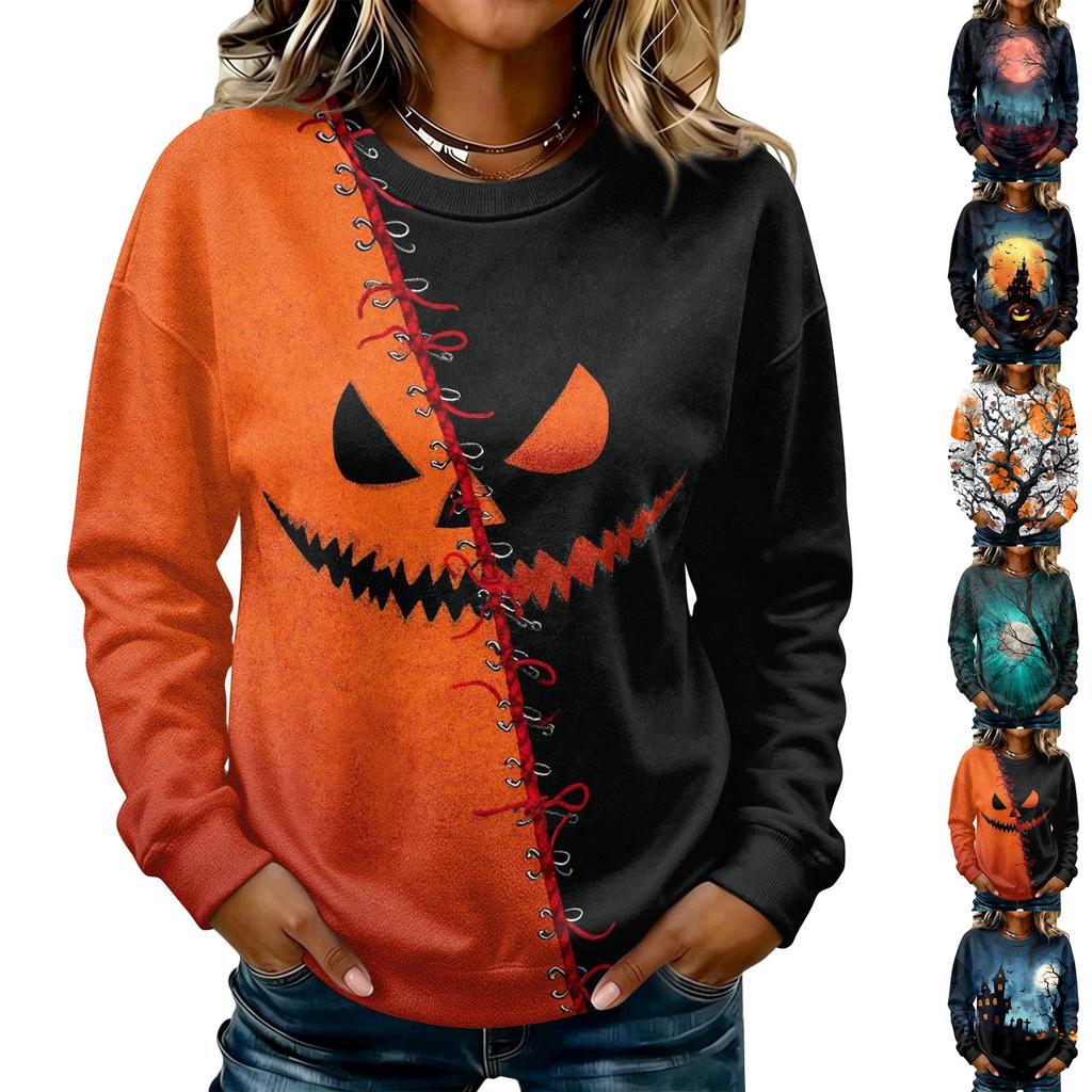 Women's Long Sleeve Halloween Print Neck Sweatshirt, Casual Relaxed Fit Pullover Top