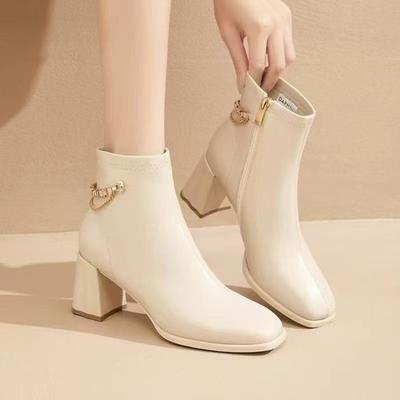 High-heeled Short Boots Women's Autumn and Winter New White French Single Boots Thick-heeled Ankle Boots Thin Short Boots