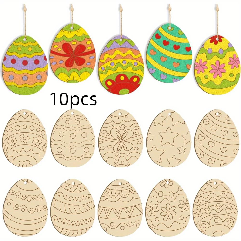 10/20pcs Wooden Easter Decorations, Wood Carving Easter  Decoration Egg Shape Wood Chips Painting Supplies Diy Crafts