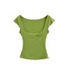 Fungus edge short-sleeved T-shirt women's summer new American Spice Girl solid color square neck light and slightly transparent elastic top
