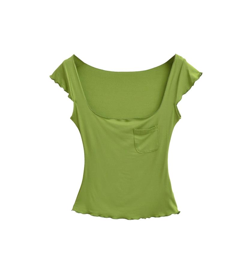 Fungus edge short-sleeved T-shirt women's summer new American Spice Girl solid color square neck light and slightly transparent elastic top