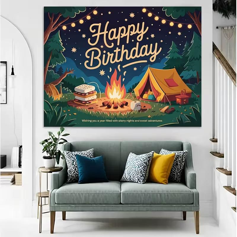 2D Cartoon Campfire Tent Birthday Backdrop Starry Night Outdoor Theme Party Decor Background