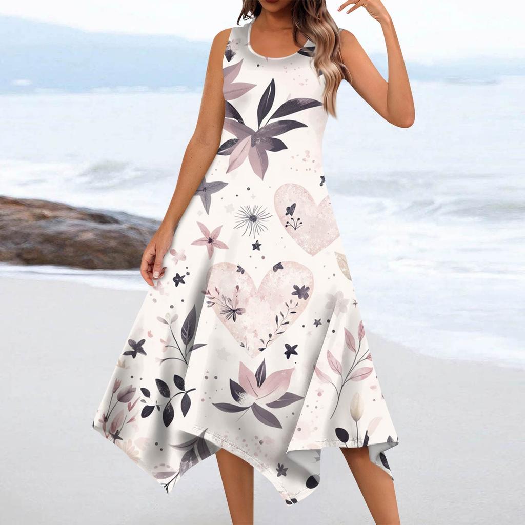 Women's Casual Fashion Round Neck Sleeveless Floral Print Irregular Hem Midi Dress