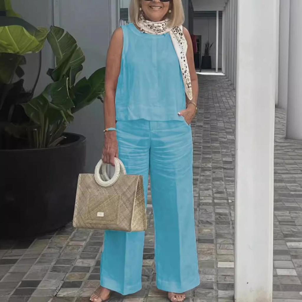 Women's Summer Casual Sleeveless Round Neck Top and Wide Leg Pants Set In Multiple Colors