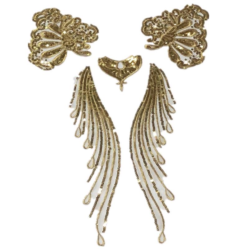 Gold & Silver Sequin Mesh Embroidered Fabric Patches: Set of 5 Floral Decorations for Dancewear & DIY Skirt Accessories