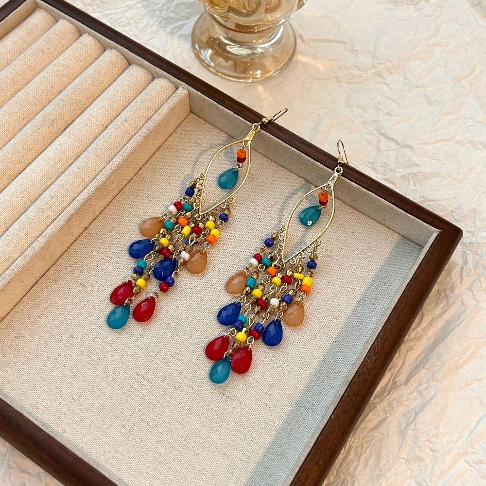 Bohemian Tassel Earrings for Women Colorful Beads Sweet Versatile Style Vacation Retro Color Ethnic Style Earring Accessories