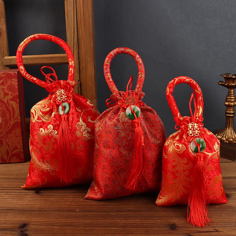 

1Pc Red Good Luck Polyester Festive Flower Drawstring Bag Chinese Knot Tassel Sugar Bag Portable Wedding Large Capacity Handbag