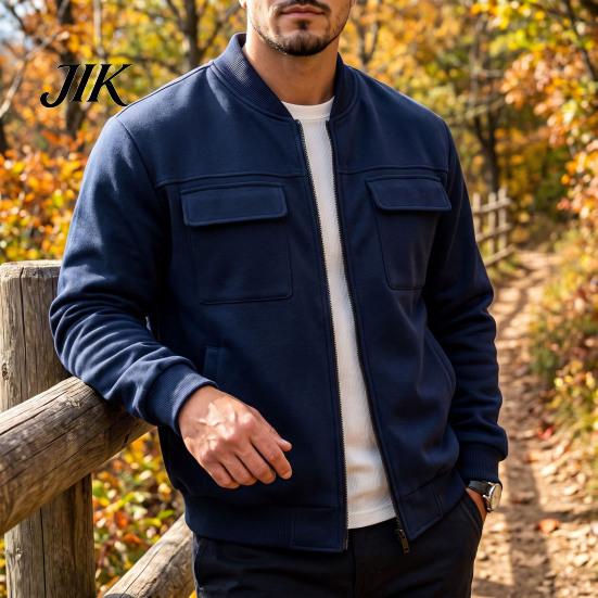 Everyday Basic Sportswear Men Casual Baseball Coat, Lightweight Multi-Pocket Windbreaker, Solid Color Outerwear Outdoor Windbreaker with Stand Collar,