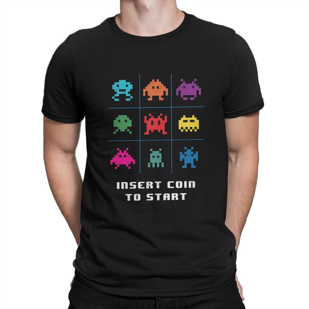 Space Invaders Shooting Video Game Insert Coin To Start T Shirt Vintage Fashion Mens Tshirt ONeck Men Tops