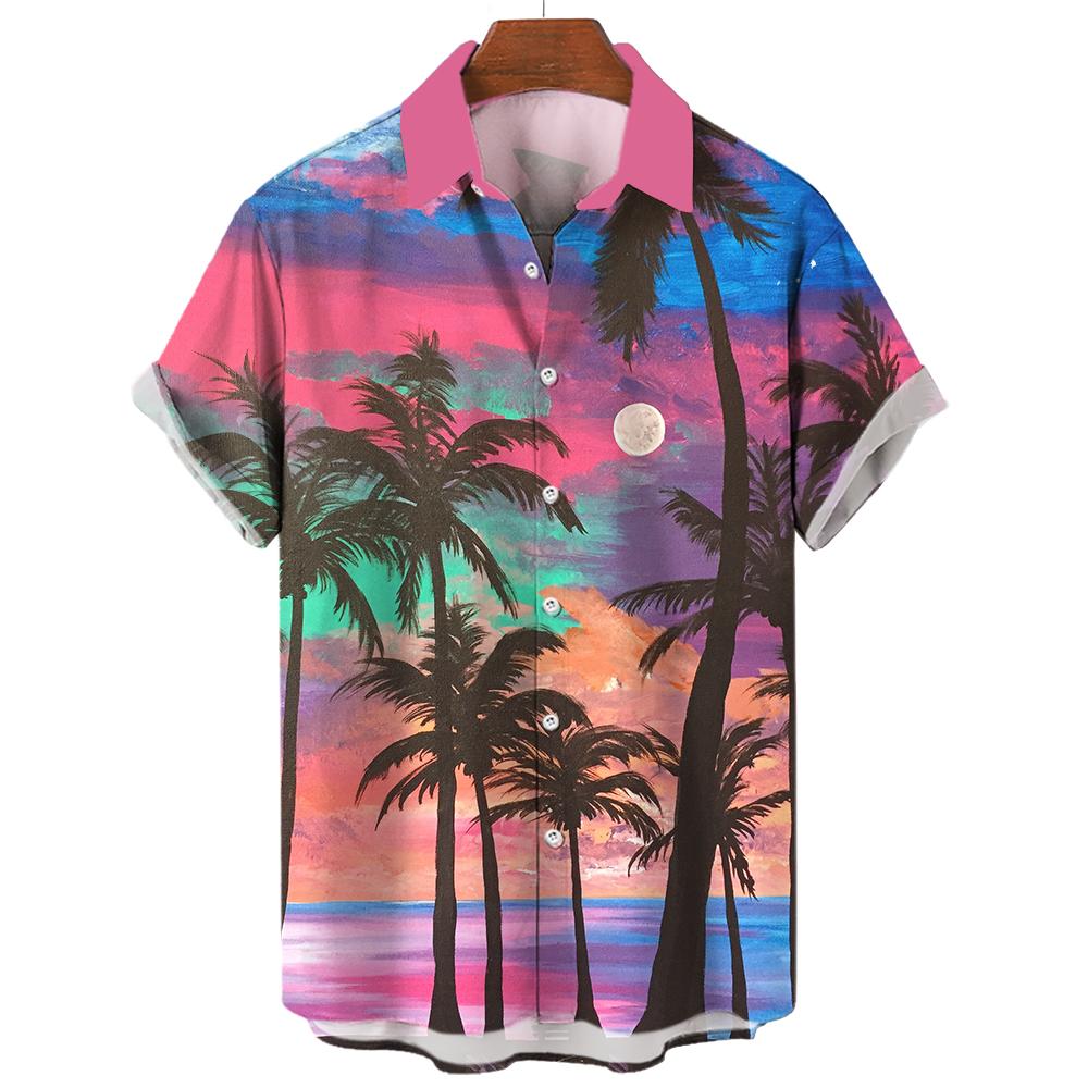 Hawaiian shirt, men's and women's 3D palm tree print, fashionable casual short sleeved shirt, lapel button top, oversized unisex clothing