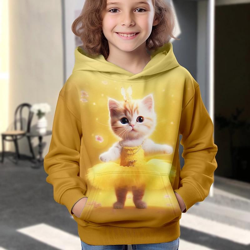 Girls' 3D Cartoon Cat Hoodie Pullover Long Sleeve 3D Print Fall Winter Active Fashion Cute Kids 3-12 Years Outdoor Casual Daily Regular Fit