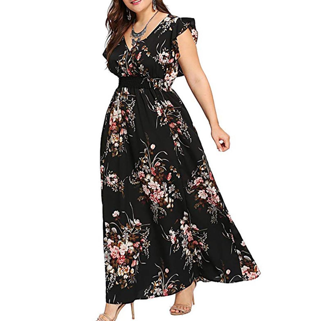 Women's Casual Floral Print V-Neck Ruffle Sleeveless Plus Size Dress Long