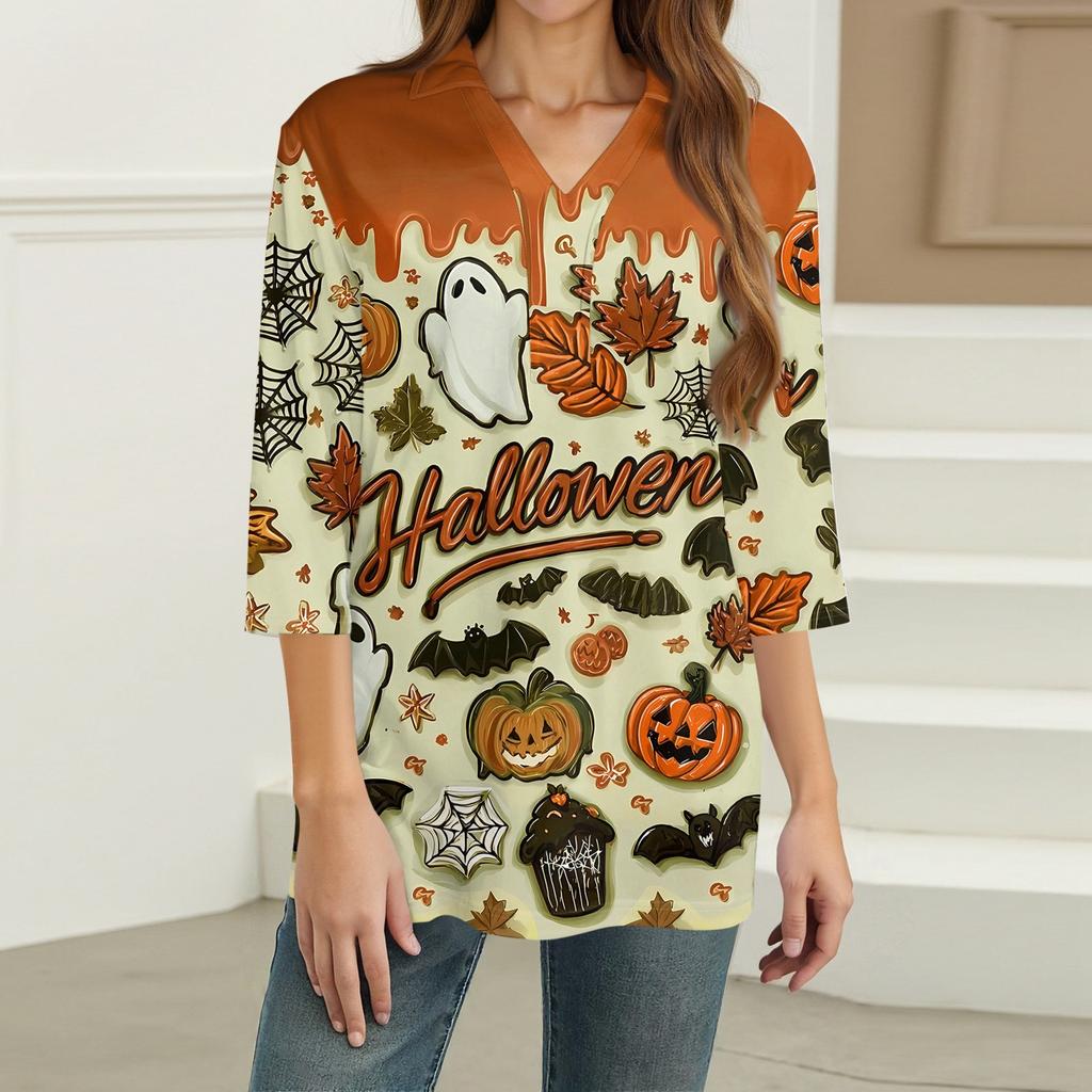 Dámská móda Ležérní klopa 3/4 rukáv Halloweenský potisk Košile Dámské topy s výstřihem do V