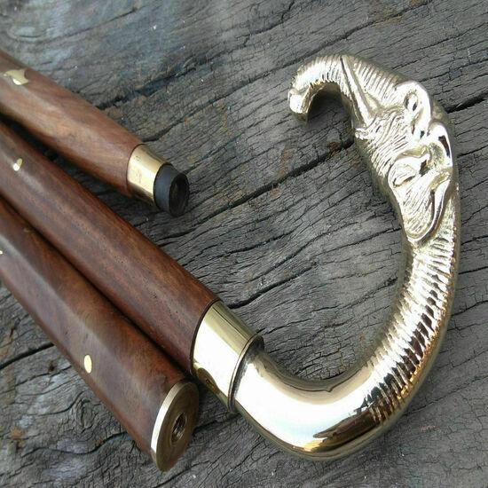 Vintage Brass Handle Victorian Wooden Walking Stick Designer Brown Wood Cane