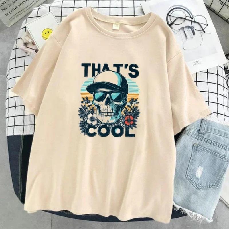 Women's Spring Summer Skull 3D Printed Grey Round Neck Cotton Short Sleeved Top T-Shirts Women’s