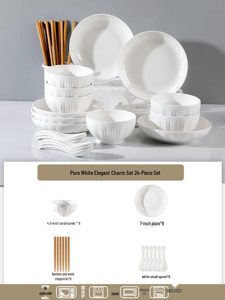 Pure White Ceramic Tableware Set: Dinner Bowls, Rice Bowls, Plates, Dishes, and Double-Ear Soup Bowls for Home Use.