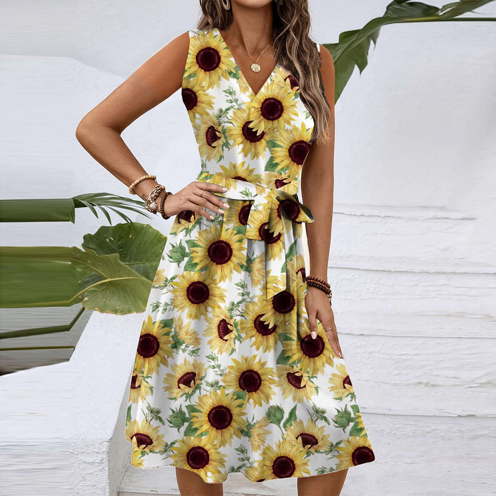 

Женское весенне-летнее повседневное платье миди с V-образным вырезом без рукавов и цветочным принтом на талии XL жёлтый