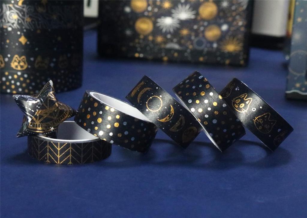 YUBBAEX 9 Rolls of Mysterious Space Masking Foil Super Perfect for Gift DIY and Notebook Decor Tape, Wide, Silver/Gold Stamping, Cute, Thin, Wrapping,