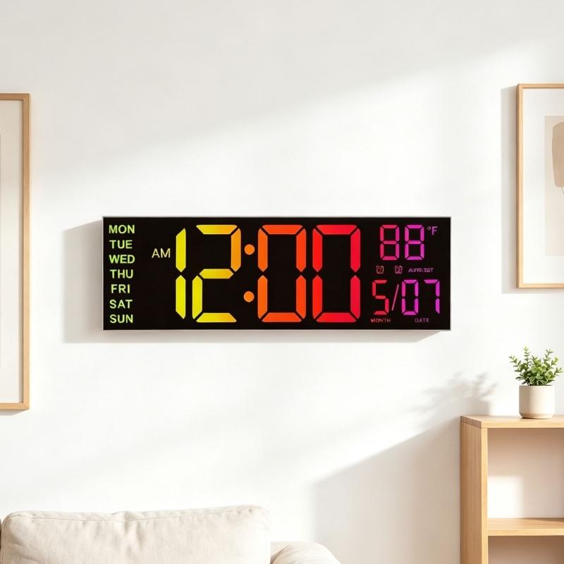 Wall Mounted Digital Clock with Large LED Numerals, Multi-Color Changing Display, Remote Control, Adjustable Brightness for Home Wall