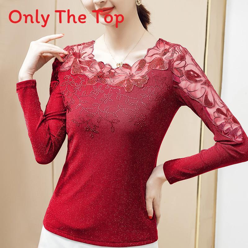 Lace Long Sleeve T Shirt With Mesh Fabric For Womens Elegant Office Wear