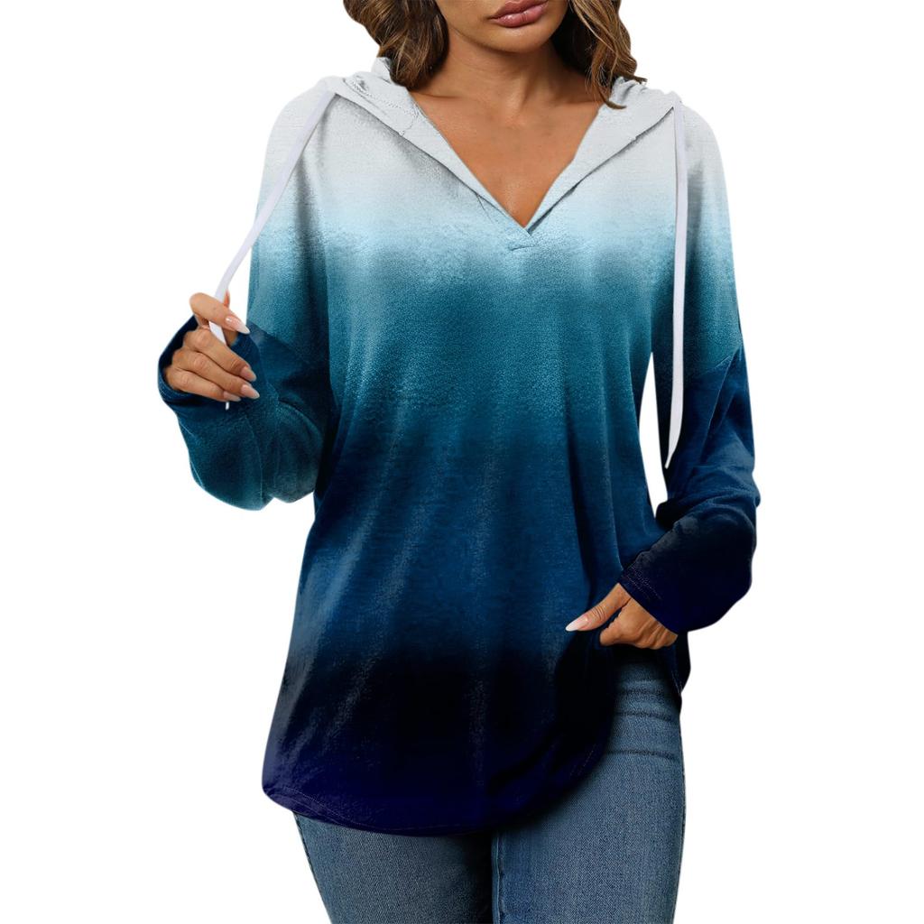 Women's Fashion Hoodies V Neck Long Sleeve Printed Sweatshirts Drawstring Casual Loose Pullover Tops