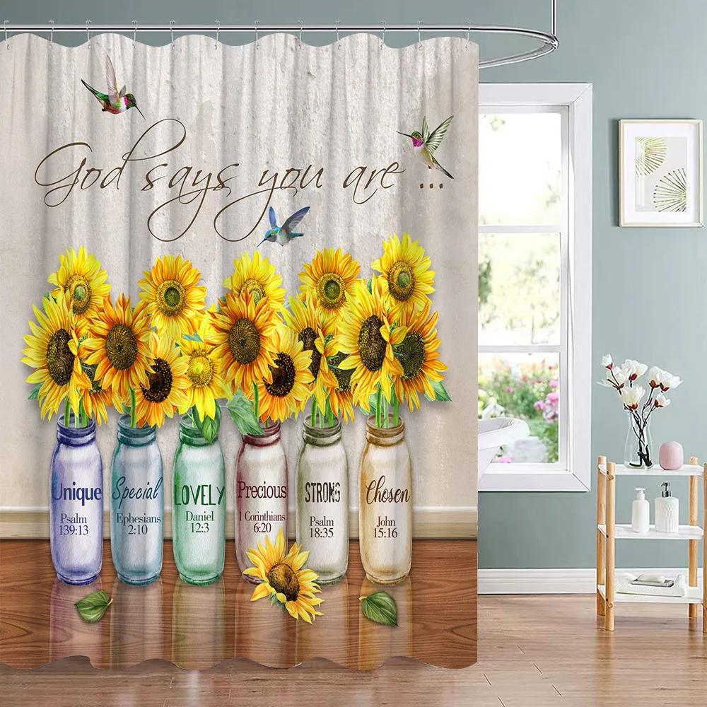 Sunflower Flower Bee Wood Grain Plant Scenery Bathroom Shower Curtain Cactus Butterfly Floral Landscape Bath Curtains With Hooks