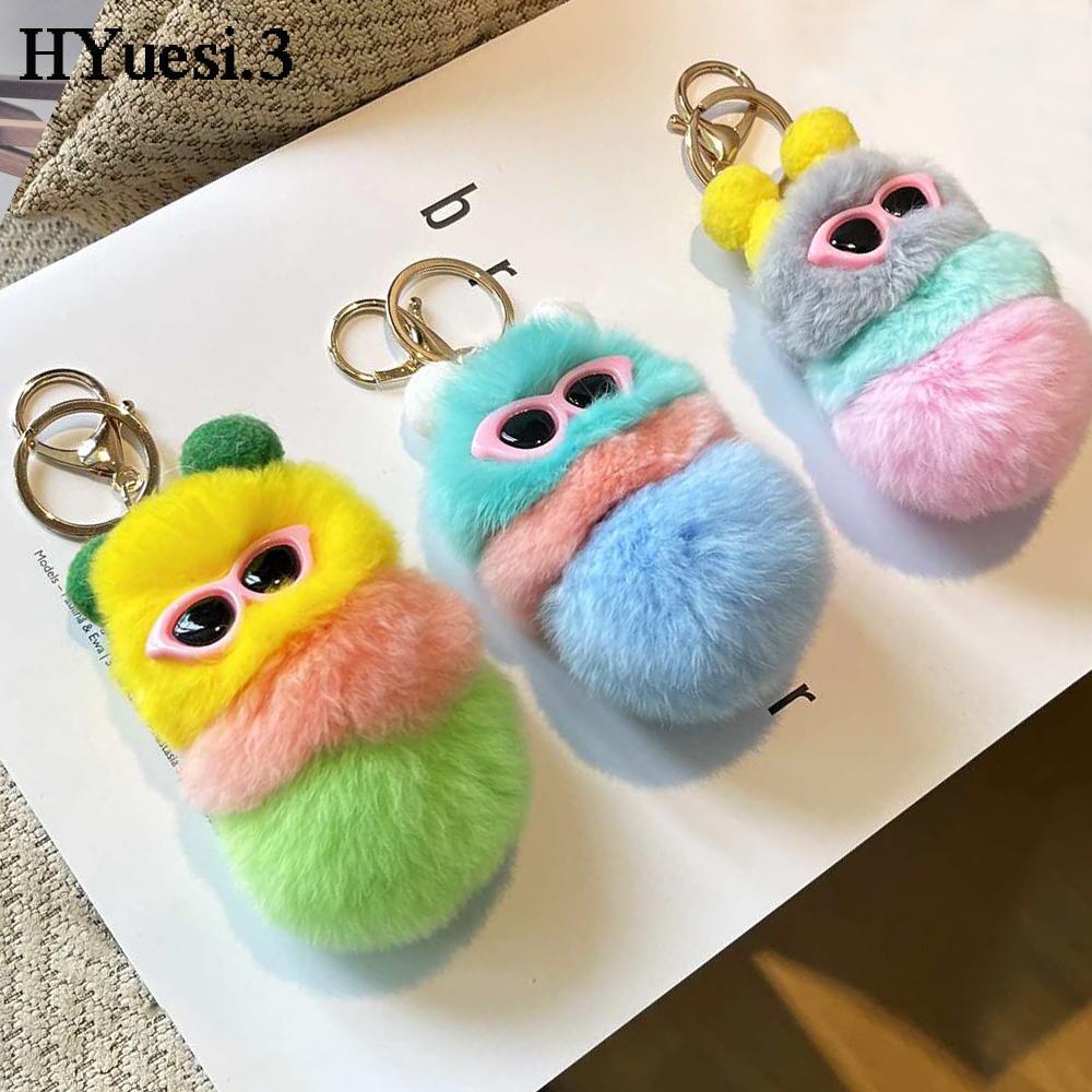 Niedliche bunte Plüschraupen Schlüsselanhänger mit Sonnenbrille Weicher Kaninchenfell Tier Pompon Anhänger Mit Schlüsselringen Für Damen Handtasche