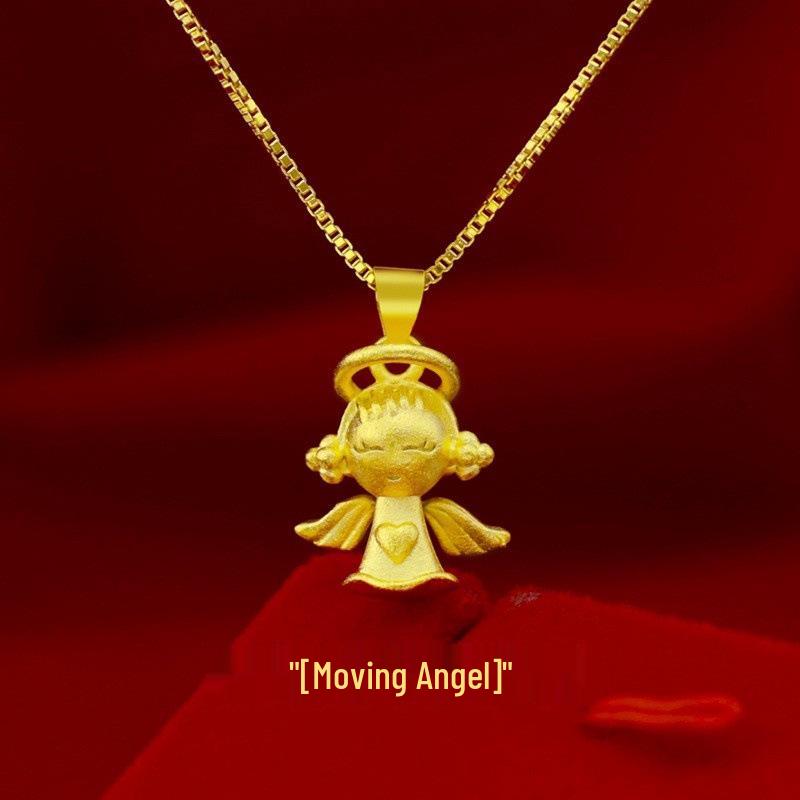 Colier cu Pandantiv Inimă de Înger din Aur Nisipos Vietnamez - Lanț Claviculă pentru Femei, Placat cu Aur Galben din Alamă Mată