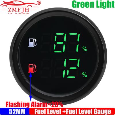 ZMFJH 2"52MM Fuel Level Gauge with Flashing Warning Auto Car Boat Digital Dual Oil Gauge Green LED Light 0-190ohm,240-33ohm