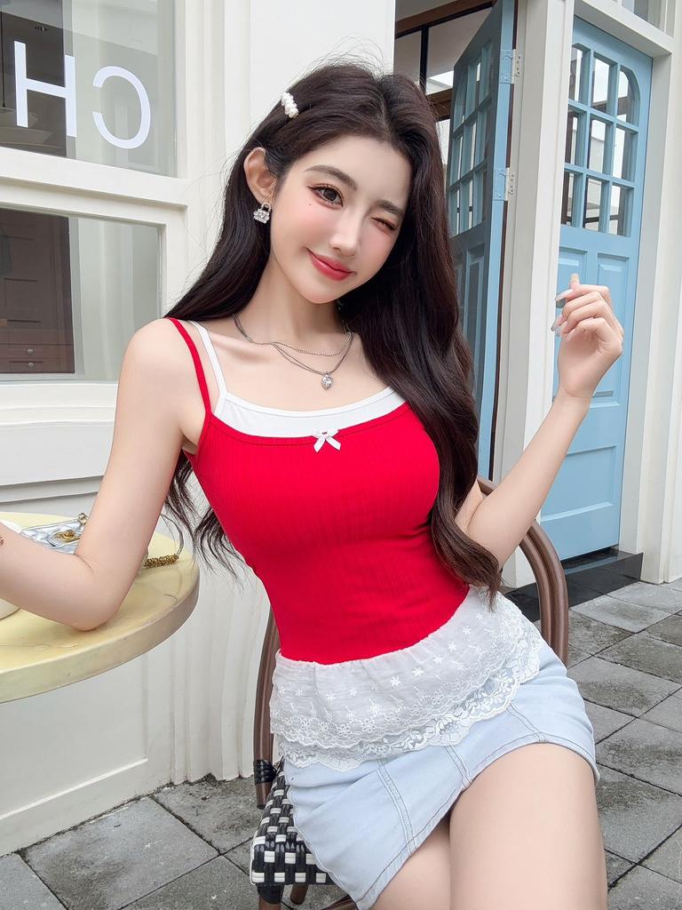 #Summer new lace splicing fake two-piece sling vest, thin fixed chest pad, slim versatile top