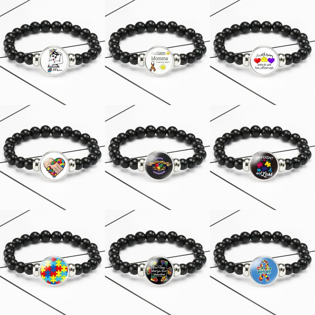 Autism Awareness Charm Bracelet Stretch Cord Beaded Jewelry Mixed Material
