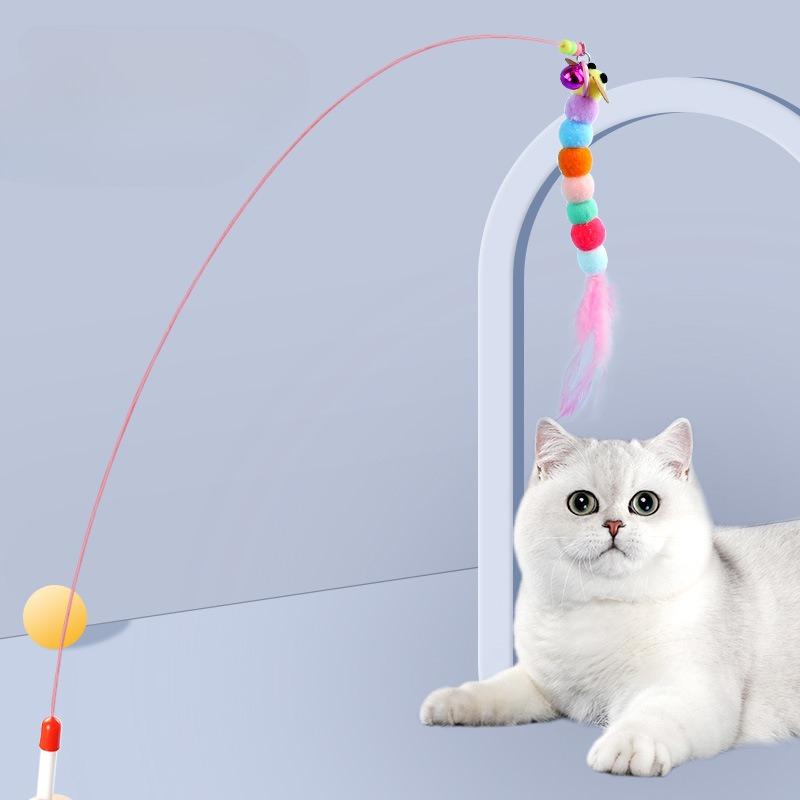 Kattleksak Fiskespö för katter, Fjäderleksak för katter Kattleksak, Hög slitstyrka Tvåfärgad Fjäder Ståltråd Kattpinnleksak