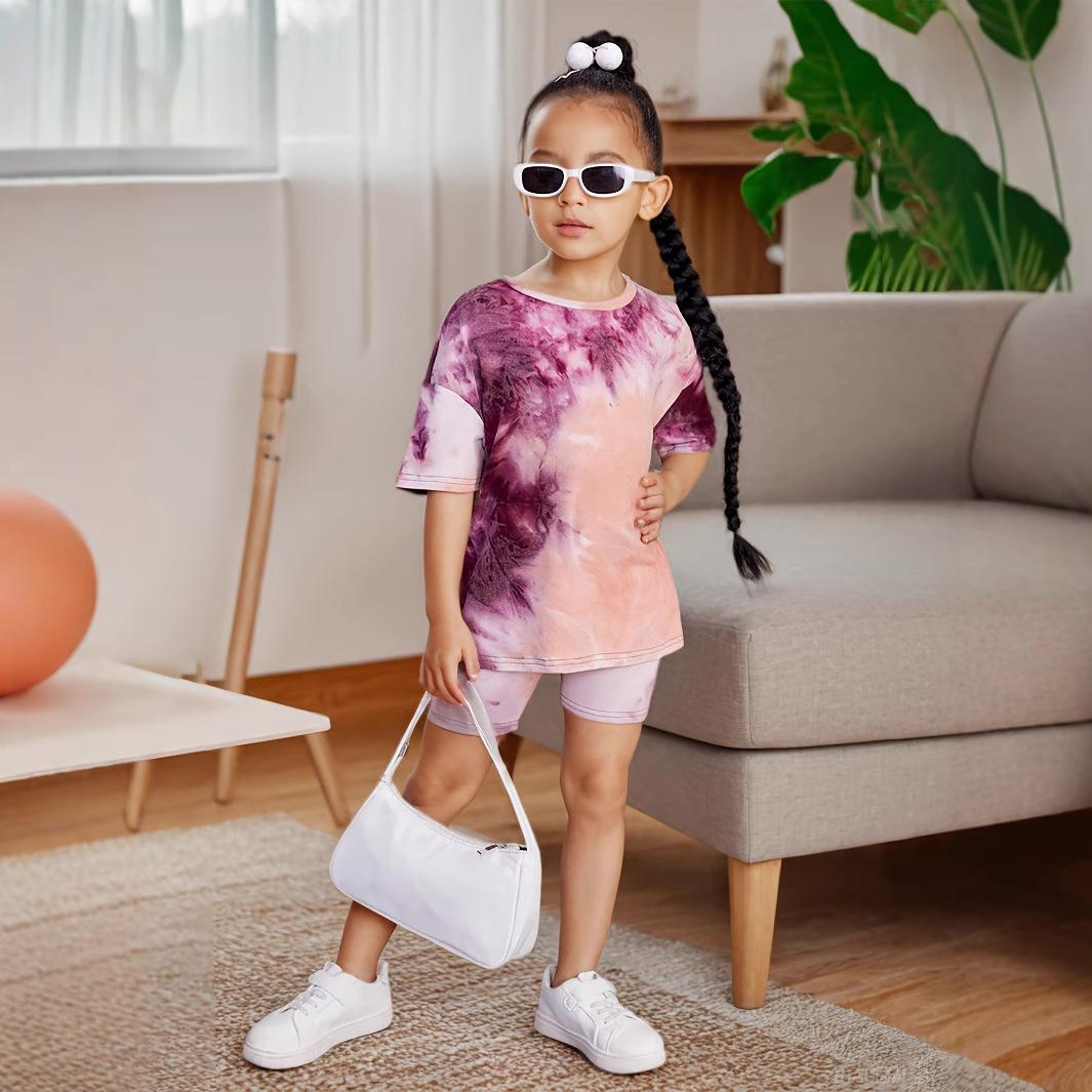 

Повседневный костюм с короткими рукавами и принтом для девочек, футболка с короткими рукавами и круглым вырезом, подходит для детей от 1 до 8 лет, модный костюм 7-8Y