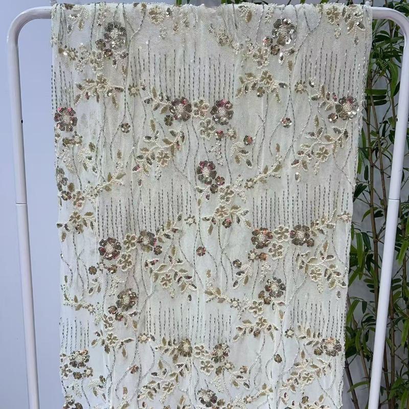 1 Yard Sequins Geborduurd Kantstof Diamanten Franje Bruidsjurk Materiaal Elegante Kralen Sequins Kantstof voor Kleding