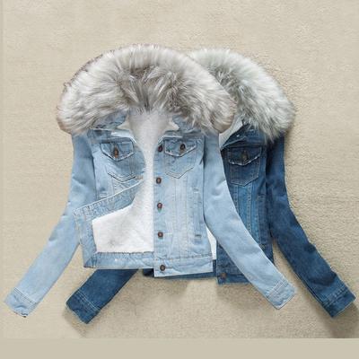 Ladies Fleece Lined Sherpa Denim Jacket Faux Fur Pink Collar Slim Fit Top Coat