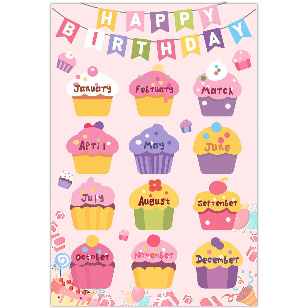 Reusable Happy Birthday Chart Posters Birthday Chart Calendar for Classroom Decorations Rectangle with 10Pcs Seamless Double-sided Adhesive Food