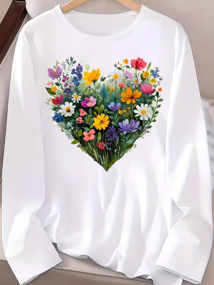 (Asian Size) Love Flower Style Casual Clothing Graphic Tee Women Autumn Winter Spring Fashion Top O-neck Print T Shirt Long Sleeve T-shirts