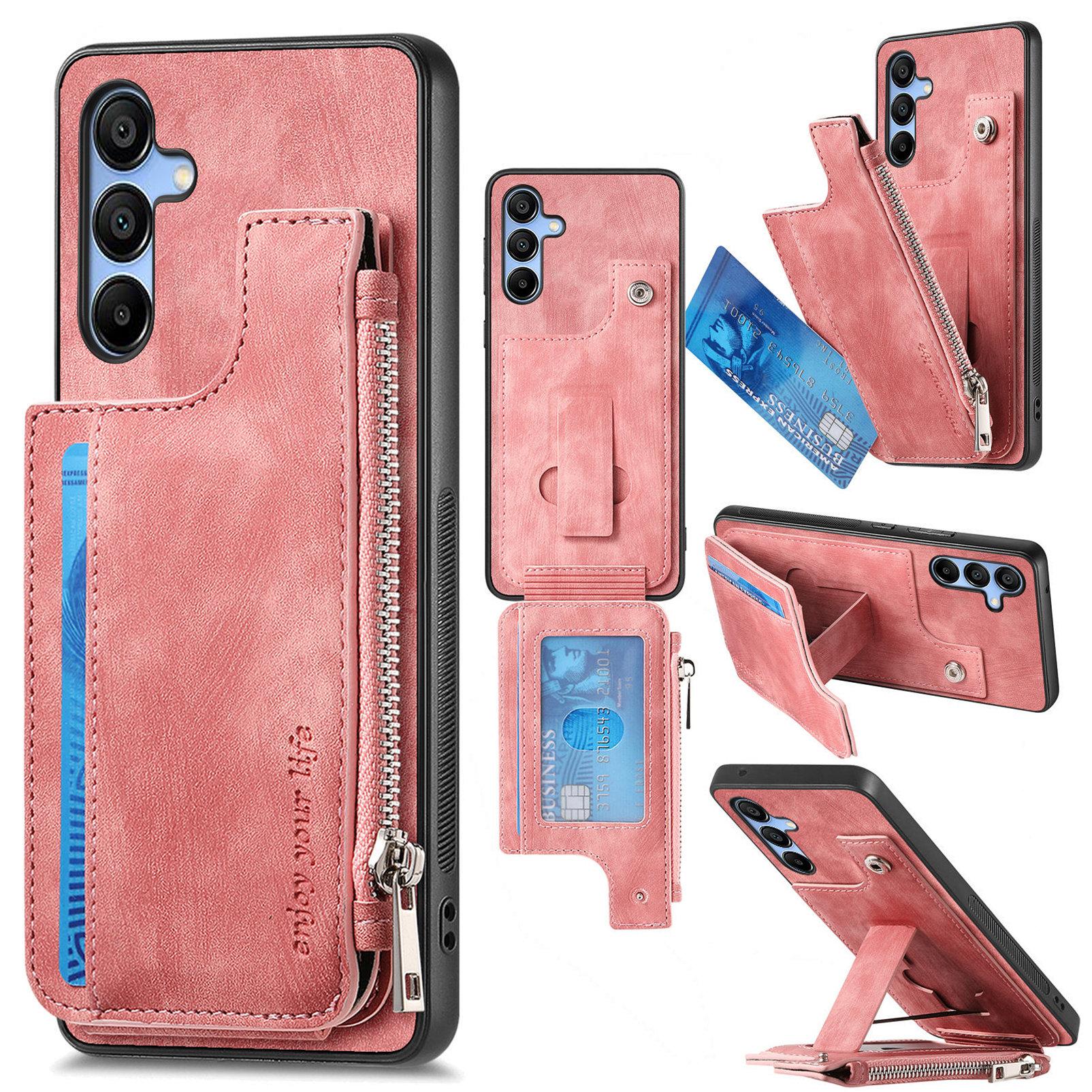 

For Samsung Galaxy A15 5G/Galaxy A15 4G Case Zipper Card Holder Kickstand Leather+PC+TPU Phone Cover Pink