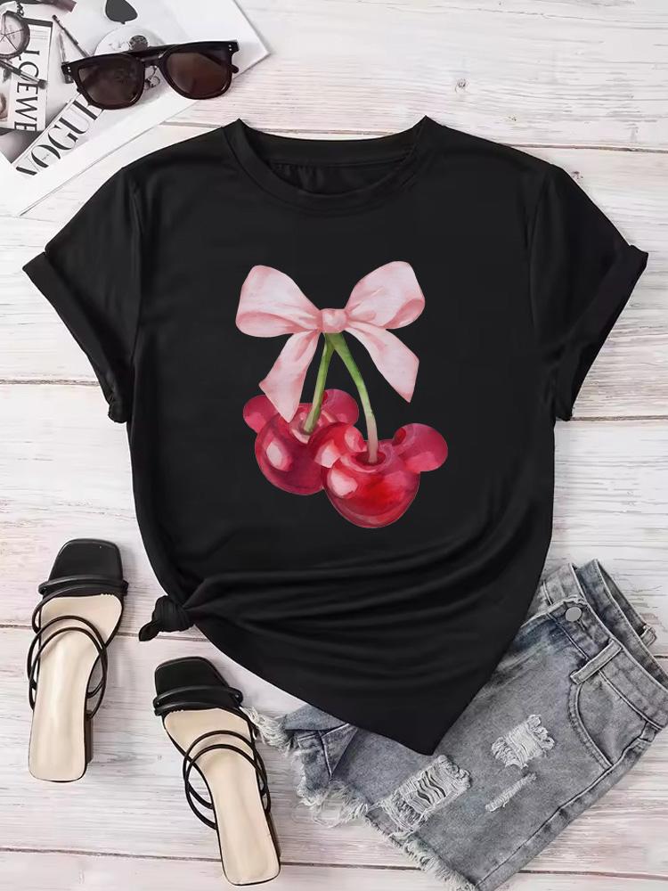 Ovely Style Fashion Summer Women Cherry Bow Print T Shirt Female Casual Top Tshirts Cartoon Graphic Tee T-Shirt