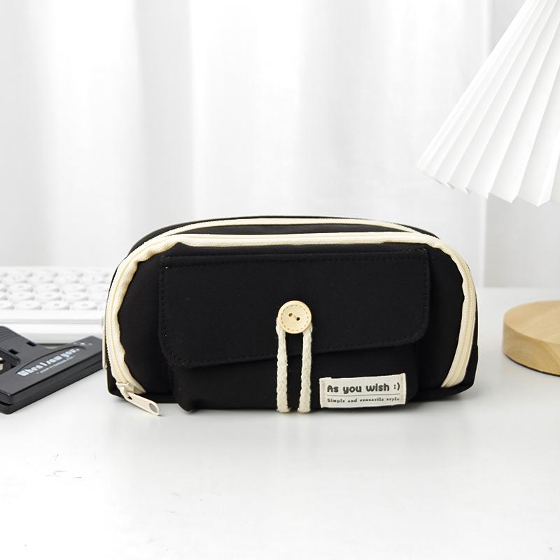 Hemp Rope Pencil Case Pen Bag 3 Compartments Front Pocket Oxford Fabric Storage Pouch for Stationery School