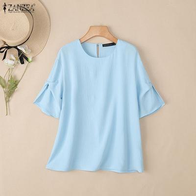 Women Round Neck Solid Color Casual Short Sleeve Blouse