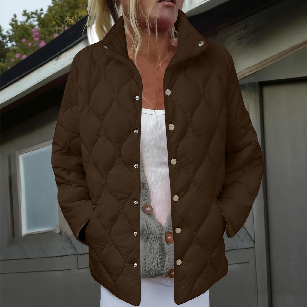 Women's Solid Color Stand-Up Collar Pleated Cotton Long Sleeve Button-Up Jacket
