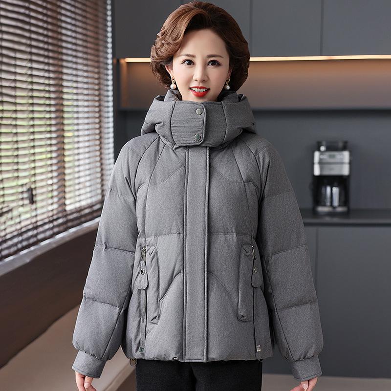 Stylish Hooded White Duck Down Jacket for Middle-Aged Women and Grandmothers