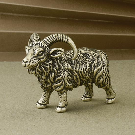 Yousheng Brass Goat Figurine Vintage Long Horn Sheep Model Mini Animal Metal Statue Sculpture Desktop Feng Shui Desktop Decoration Ornament