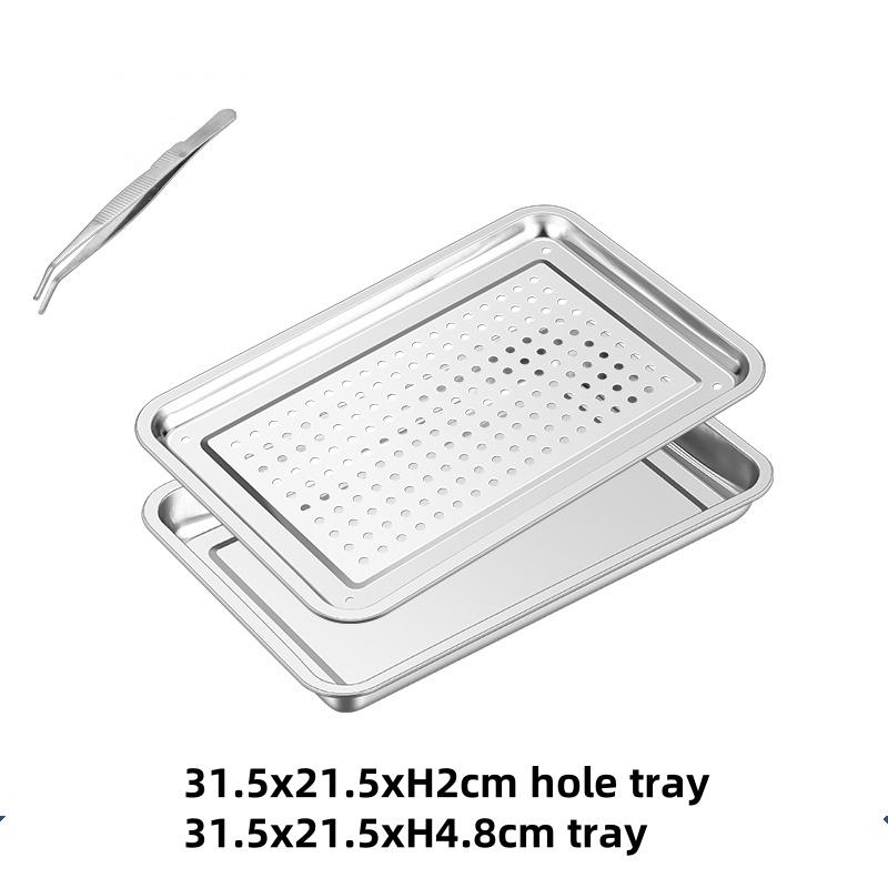 Stainless Steel Rectangle Dinner Tea Tray Double 2 Layer Dumpling Oil Leaking Hole Basin Steaming Draining Hole Plate with Basin