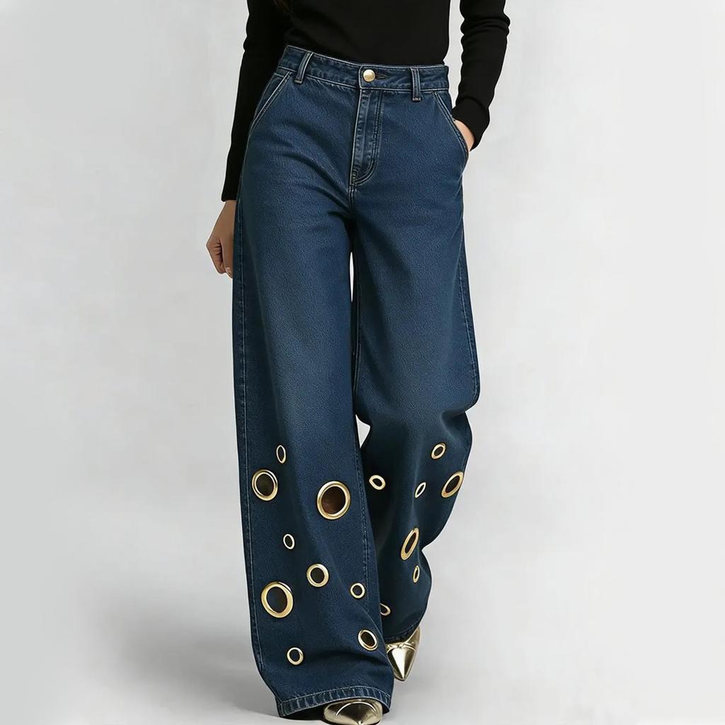 Jeans a Vita Alta Vestibilità Larga Gamba Larga con Intagli a Occhielli Metallici Pantaloni in Denim per Donna Stile Streetwear Casual