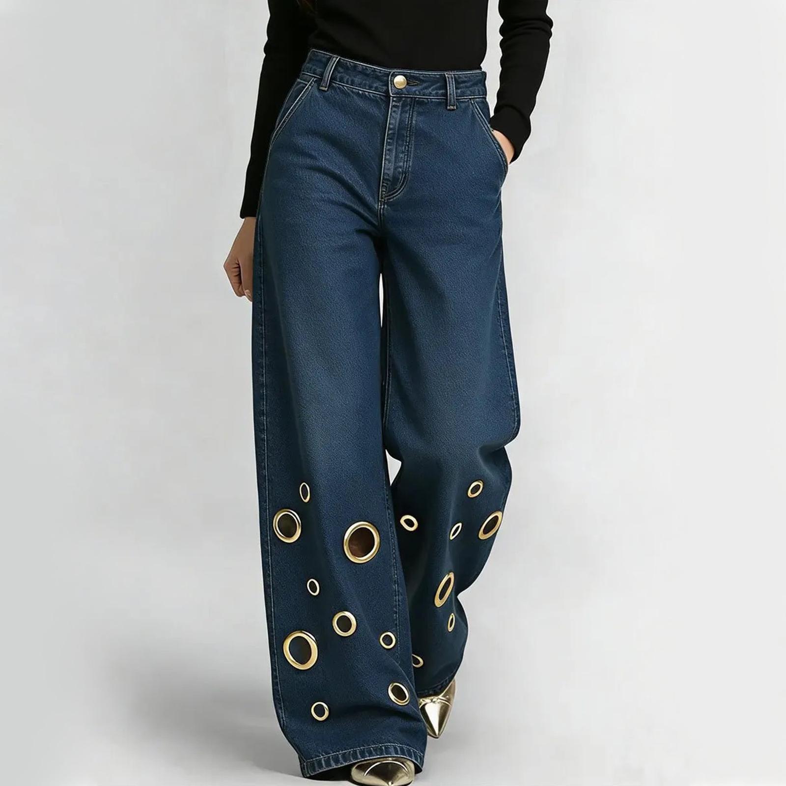 High Waist Lockere Weite Bein Jeans mit Metallösen-Aussparungen Denim Hose für Damen Lässiger Streetwear Stil M black